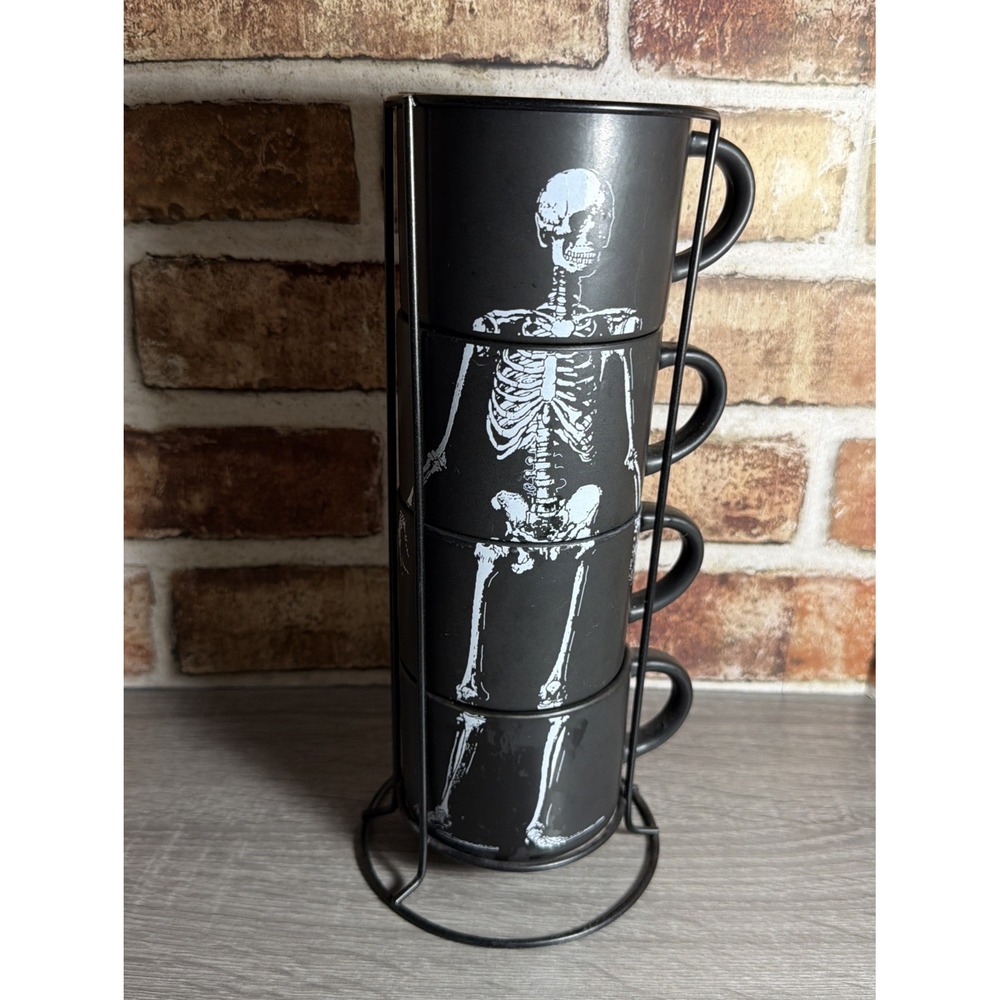 Stackable Skeleton Black Ceramic Coffee Mug Set of 4, 16 fl oz Halloween - Picture 5 of 8